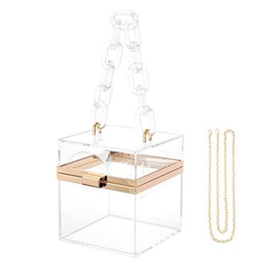 Imagem de WJCD Linda bolsa clutch de festa de plástico acrílico transparente neon com alça de corrente dourada, Transparente., Small