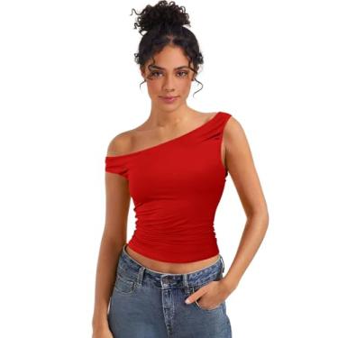 Imagem de MEROKEETY Regata feminina de verão com ombros de fora, caimento justo, sem mangas, sexy, para sair, camisetas justas Y2K, Vermelho, M