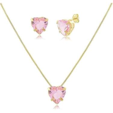 Imagem de Colar Ponto de Luz Brilhante Rosa Banhado Ouro 18k Corrente Cordão Veneziana Com Pingente Coração Feminino Antialérgico Semijoia