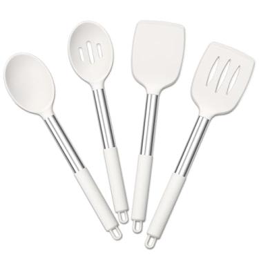 Imagem de E-far Conjunto de 4 utensílios de cozinha, utensílios de cozinha de silicone para panelas antiaderentes, espátula ranhurada resistente ao calor e não tóxica, espátula sólida para virar, misturar