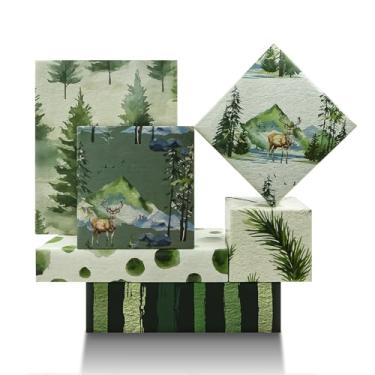 Imagem de Papel de embrulho de aquarela verde, papel de embrulho de rena da floresta de Natal, 6 folhas, 6 desenhos, papel de embrulho de cedro da floresta de Natal para feliz Natal Ano Novo chá de bebê,