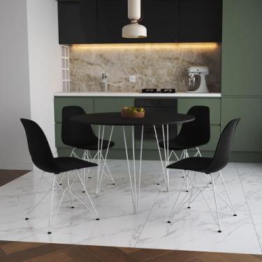 Imagem de Mesa Jantar Redonda 110cm Preta Clips 3 Pés com 4 Cadeiras Eames Eiffe