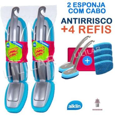 Imagem de Kit 2 Esponja Antirrisco Multiuso Lavar Louça com Cabo +4 Refis Não Ri