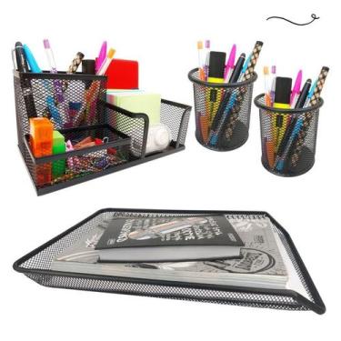 Imagem de Kit Porta Caneta, Bandeja Organizadora e Organizador de Mesa Preto - M