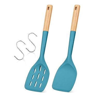 Imagem de Pacote de 2 espátulas de silicone, conjunto de utensílios de cozinha antiaderentes, virador de cozinha com cabo de madeira para assar, misturar, grelhar, servir, alimentos, resistentes ao calor, ganchos sem arranhões incluídos (azul)