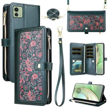 Imagem de Dswteny Capa carteira floral para Motorola Moto Edge 40 5G com alça de ombro, zíper de couro flip suporte para cartão de crédito acessórios capa de celular para Moto Edge 40 5G mulheres homens verde
