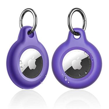 Imagem de Supfine Suporte de Airtag à prova d'água, pacote com 2 chaveiros Air Tag, capa protetora rígida de PC + TPU com chaveiro para Apple Tags, IPX8 Airtags capa para carteira, bagagem, gato, cachorro, animais de estimação (roxo)