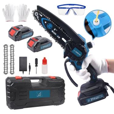 Imagem de ZHONGAN Mini motosserra elétrica de 15 cm sem fio, pequeno, portátil, leve, cortador de galhos com proteção contra respingos para cortar madeira, aparar árvores, jardinagem, 2 peças de baterias