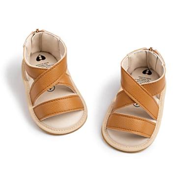 Imagem de Babelvit Sandálias infantis para meninos e meninas com conforto premium para o verão e praia com laço de flor, sola de borracha antiderrapante, sapatos de primeira caminhada, Cruz marrom 08, 3-6 Months Infant