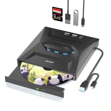Imagem de Unidade externa de CD/DVD para laptop - Unidade de CD USB 5 em 1 com slot para cartão SD/TF USB 3.0 Tipo A/Tipo C, gravador de DVD externo portátil para laptop, Mac OS Vista, Windows 11/10/8.1/8/7