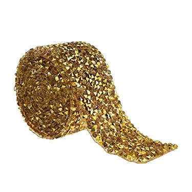 Imagem de Hahiyo Fita de strass de cristal cola térmica reutilizável stretch Bling Mesh Wrap Roll Sparkles 1 jarda 3 cm bastão de passar a ferro dourado 1 peça multifuncional para espelho, caixa de joias, bolos