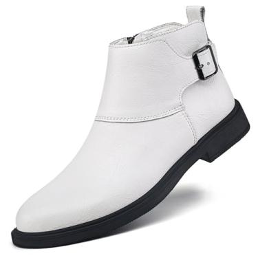 Imagem de QLPOU Bota Chelsea masculina de couro genuíno com bico fino, fivela ajustável, zíper interno, botas de cano baixo, casual, formal, Branco, 38