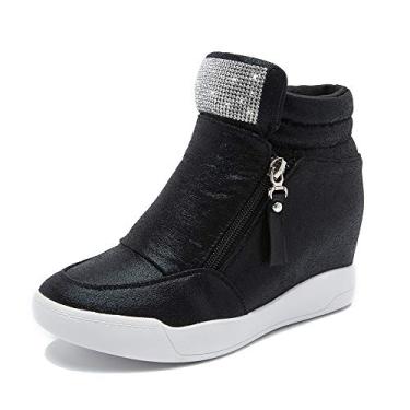 Imagem de LIURUIJIA Tênis feminino plataforma oculta plataforma cano alto moderno elegante casual tênis botas cano curto, 2211 preto, 37