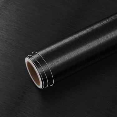 Imagem de VEELIKE Papel de contato de aço inoxidável escovado preto de 35,7" x 354" para aparelhos de cozinha Papel de parede removível preto para revestimento à prova d'água para armários bancadas Lava-Louças