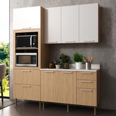 Imagem de Cozinha Modulada 3 Peças com Tampo Tulipa Tecno Mobili - Freijo/Marmore Branco/Branco