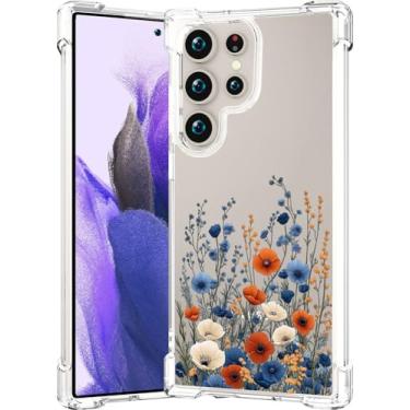 Imagem de CCFUNCASE Compatível com Samsung Galaxy S25 Ultra Capa transparente fofa para mulheres - Capas de telefone robustas Funda Capa protetora (flores azuis selvagens)