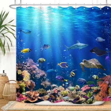 Imagem de ZXMBF Cortina de chuveiro oceano mundo subaquático colorido peixes tropicais tartaruga coral no mar profundo decoração de casa tecido impermeável 182 x 182 cm ganchos de plástico azul 12 peças