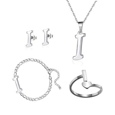 Imagem de Loqimu Pacote com 4 conjuntos de joias iniciais de aço inoxidável para mulheres, anéis de prata, pulseiras, brincos com pingente, colar, gargantilha maiúscula, corrente, brincos de orelha, presente