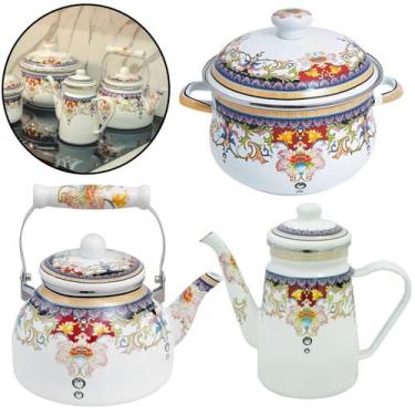 Imagem de Kit 03 Pç Chaleira, Bule, Panela Esmaltados Com Indução Paris, Indiana