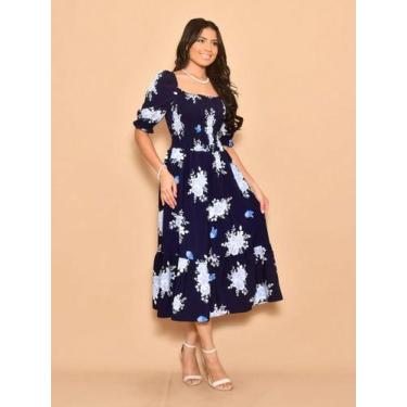 Imagem de Vestido midi estampado crepinho lastex manga curto 0090 - NoBrand, Azu