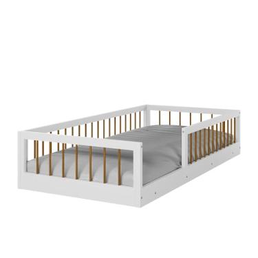 Imagem de Cama Montessoriana Infantil Berço Com Grade De Proteção Quarto Da Criança Cercado Cor Branco/Nature