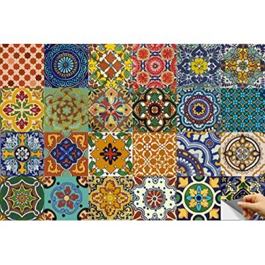 Imagem de Bleucoin Decalques mexicanos de azulejo com cores suaves para destacar e colar azulejo backsplash elevador de escada decalques faça-você-mesmo adesivos de azulejo Talavera mexicana à prova d'água para decoração de casa, decalque para escadas, pacote com 24, tamanho: 10,16 x 10,16 cm