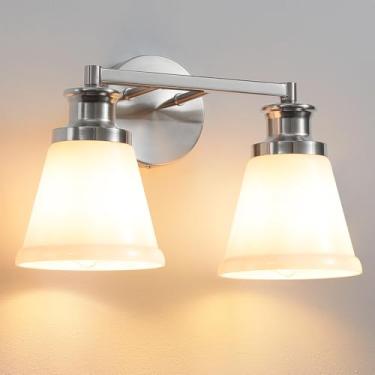 Imagem de CCYCOL Luminárias Modernas Para Banheiro, Luminárias De 2 Luzes Para Banheiro Sobre Espelho Com Cúpula De Vidro Branco Leitoso, Luminárias De Níquel Escovado Para Arandelas De Parede De Banheiro (Ex