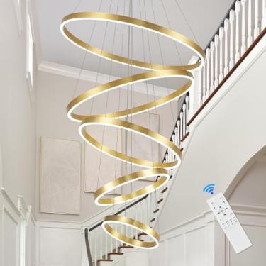 Imagem de AIRYPHANT Lustre Moderno De Led Dourado Com 5 Anéis Para Teto Alto, Lustre Grande De 31" Para Hall De Entrada, Luminária Pendente Regulável Para Sala De Estar, Escada, 3000K-6500K