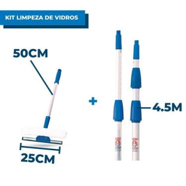 Imagem de Kit Limpa Vidros Com Rodo 25cm e Cabo 50cm e Extensor 4,5 Metros - Bra