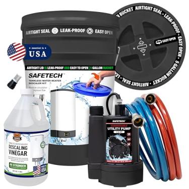 Imagem de Safetech Kit de descarga de aquecedor de água sem tanque com tampa rosqueada de 14 litros, mangueiras trançadas premium, bomba de 1/6 HP e vinagre concentrado