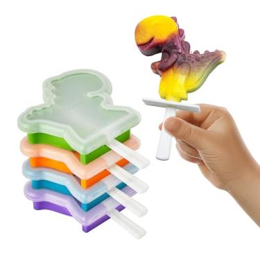 Imagem de Tovolo Moldes de picolé de silicone com palitos (pacote com 4, Dino) - Moldes reutilizáveis para picolés caseiros e lanches congelados - Máquina de picolé empilhável com tampa, lavável na lava-louças