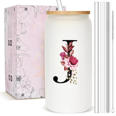 Imagem de Presentes personalizados para mulheres, copo de vidro fosco monograma com canudo e tampa, caneca personalizada fofa, copos de café gelado com inicial personalizada, copo de bebida personalizável,