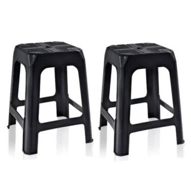 Imagem de Kit 2 Banquetas de Plástico Preta Banquinho Empilhável - Plastics
