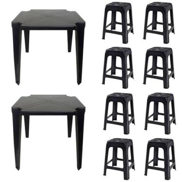 Imagem de 2 Mesas Quadradas Plástico Monobloco 70cm Preta + 8 Banquetas Empilháv