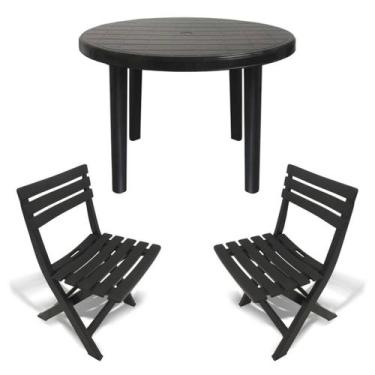 Imagem de Mesa Redonda Plástico Desmontável 94cm Preta + 2 Cadeiras Dobráveis - 