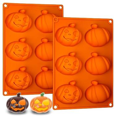 Imagem de Webake Molde de abóbora de silicone Jack-O-Lantern para bombas de cacau quente, molde de Halloween de 6 cavidades para assar chocolate, cupcake, geleia (pacote com 2)
