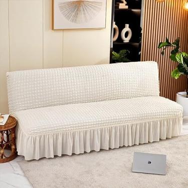 Imagem de Capa de futon sem braços com saia de babados, sofá-cama futon altamente elástica(Beige,Large (190-210cm))