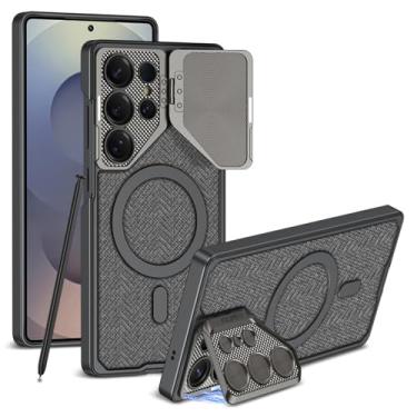 Imagem de FWYANZH Capa de couro para Samsung Galaxy S25 Ultra, proteção total da lente, suporte robusto capa magnética com caneta capacitiva capa fina de tecido padrão, cinza, S25 Ultra