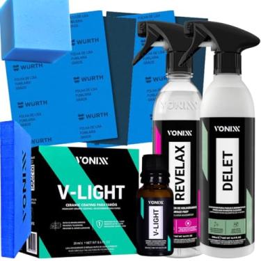 Imagem de Kit Polimento e Vitrificação Restauração de Farol Farois Lixa Revelax V-Light Delet 500 Ml Vonixx