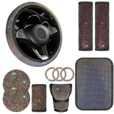 Imagem de MINGZAIQIPEI Conjunto de acessórios de carro com 11 peças, capa de volante brilhante para mulheres, ajuste universal de 38 cm, capa de console central de strass (colorida)
