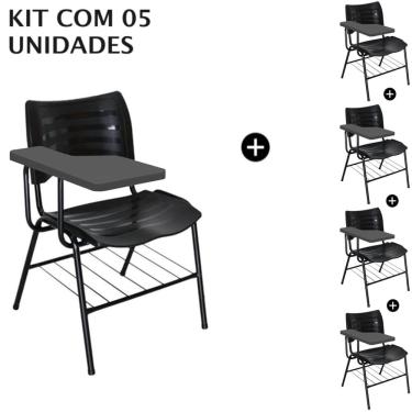 Imagem de Kit 05 Cadeiras Universitárias com porta livros cor Preto Prancheta Plástica