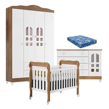 Imagem de Quarto de Bebê New Selena 4 Portas com Berço Lila e Cômoda Gran Selena Branco Acetinado Amadeirado e Colchão Ortobom – Carolina Móveis