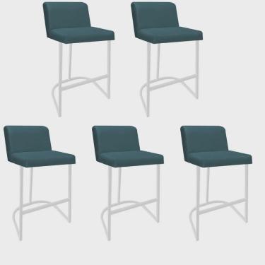 Imagem de Kit 05 Banquetas Com Encosto Noah Luxo Confort Bistrô Cozinha Ferro Branco Suede Azul Turquesa - Ahz Móveis