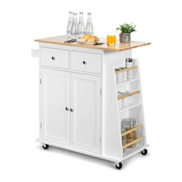 Imagem de Carrinho de Armazenamento Carrinho de ilha de cozinha, carrinho de madeira com armário de armazenamento, alça de toalha, 2 gavetas, suporte lateral para temperos e garrafa de vinho Carrinho de Armazen