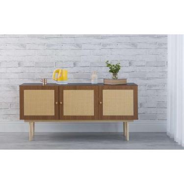 Imagem de Balcão Buffet Pés Palito Madeira 3 Portas Mdf E Palhinha Estilo Retrô 