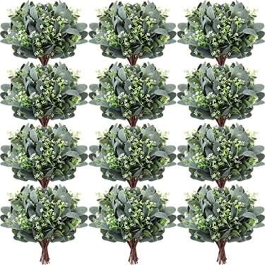 Imagem de 60 peças de folhas de eucalipto caules de janinka folhas de eucalipto artificial dólar prata com sementes brancas cinza verde folhas curtas ramos falsos plantas para buquês de casamento, decoração de hortaliças