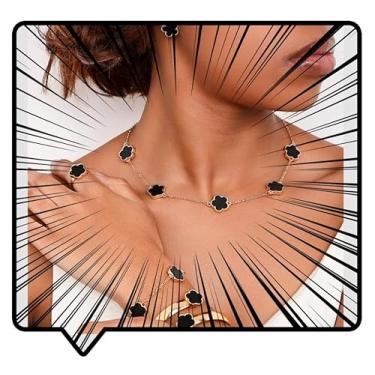 Imagem de RELOVET Conjunto de 5 joias de colar e pulseira com pingente de trevo e brincos de pulseira preto esmaltado e dourado, free, Pérola sintética, Sem Pedra Preciosa