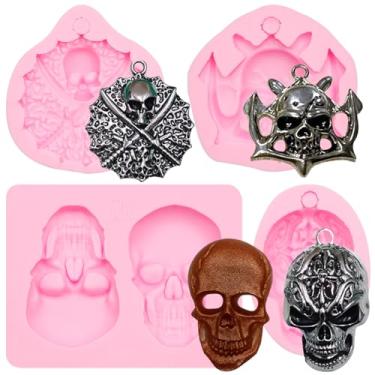 Imagem de Moldes 3D de silicone para cabeça de caveira de Halloween, 4 peças, molde de fondant de chocolate de caveira para decoração de bolos, enfeite de cupcake de doces, artesanato de argila de polímero