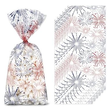 Imagem de JarThenaAMCS 100 unidades de sacos patrióticos de celofane com laços torcidos para fogos de artifício Saco de guloseimas de plástico para doces de 4 de julho para lembrancinhas de festa do Dia da