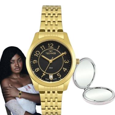 Imagem de Relógio de Pulso Technos Feminino Analógico Aço Inóx Quartz Prova D`agua 5 ATM Boutique Redondo Pequeno Casual Dourado 2115KNJS/4P + Espelho de Bolsa